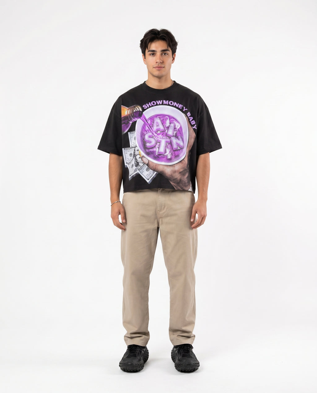 Black boxy cropped graphic tee on model (print 8)