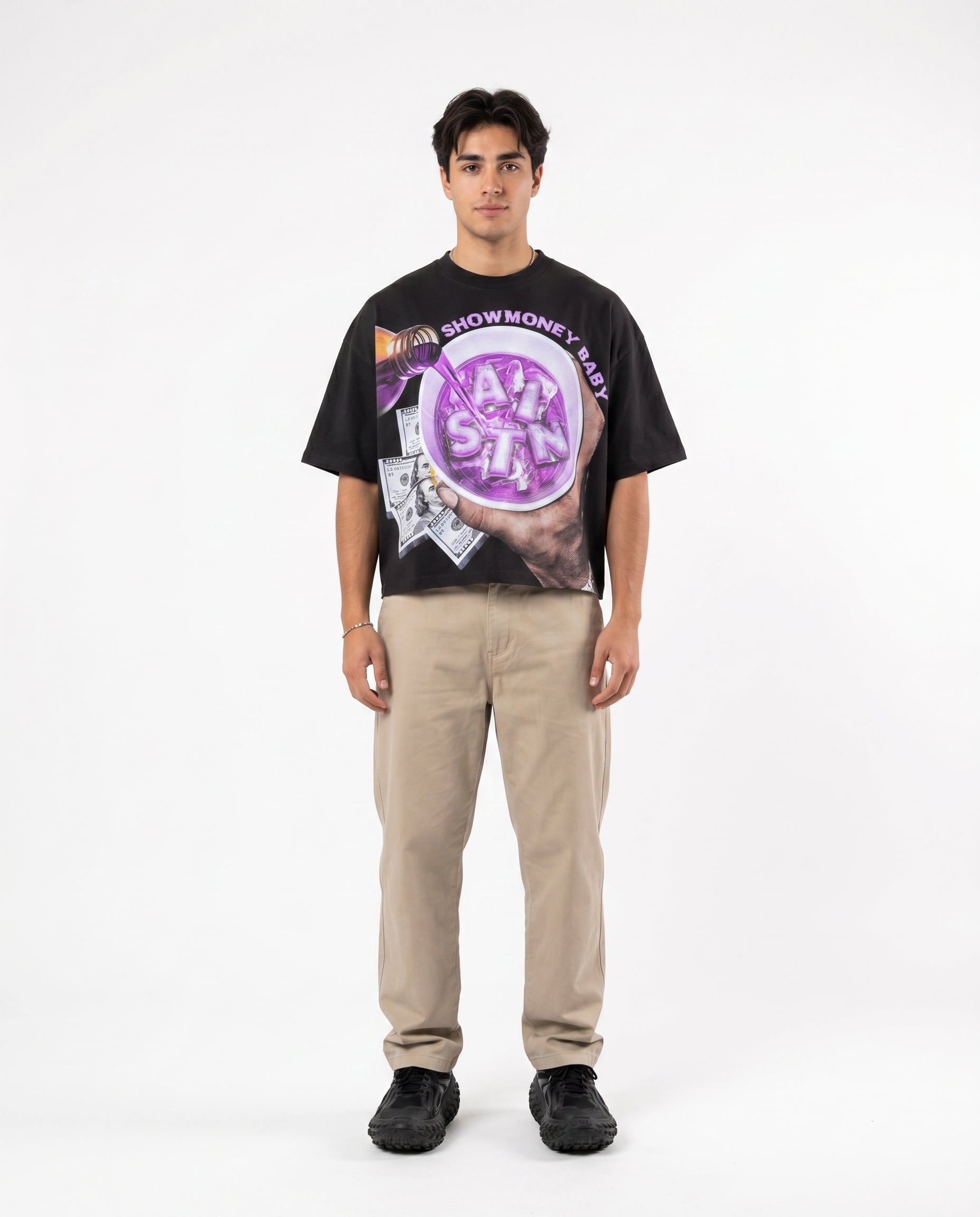Black boxy cropped graphic tee on model (print 8)