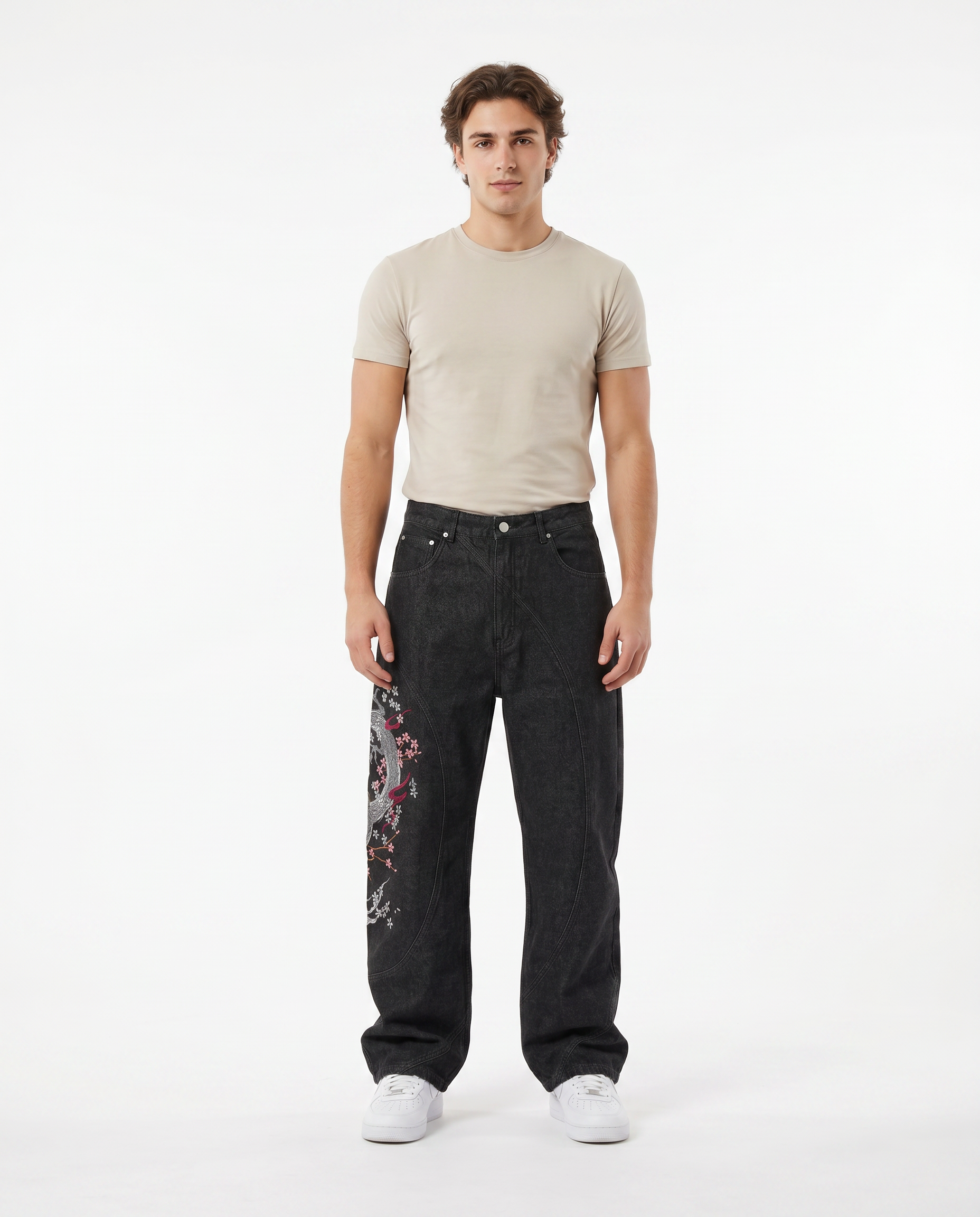 Embroidered Baggy Jeans wash 5 — male model