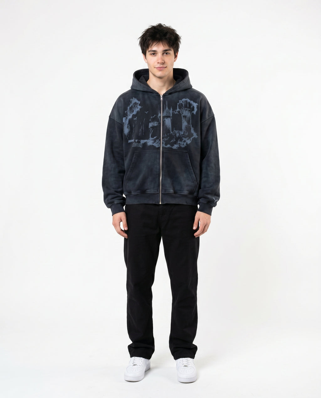 Male model in the all-over print emo hoodie, dark Y2K streetwear (print 1)