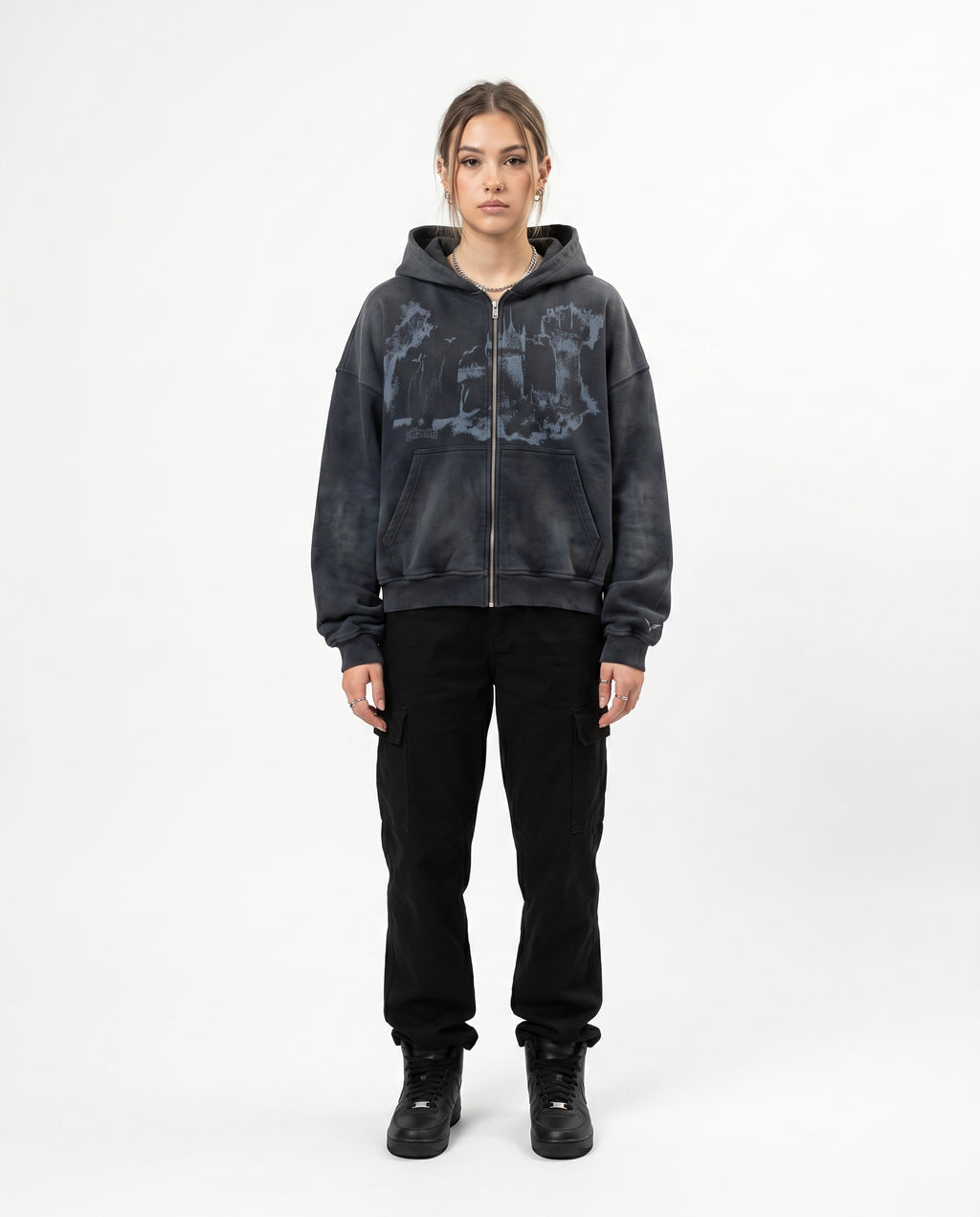 Female model wearing the all-over print emo hoodie (print 1)