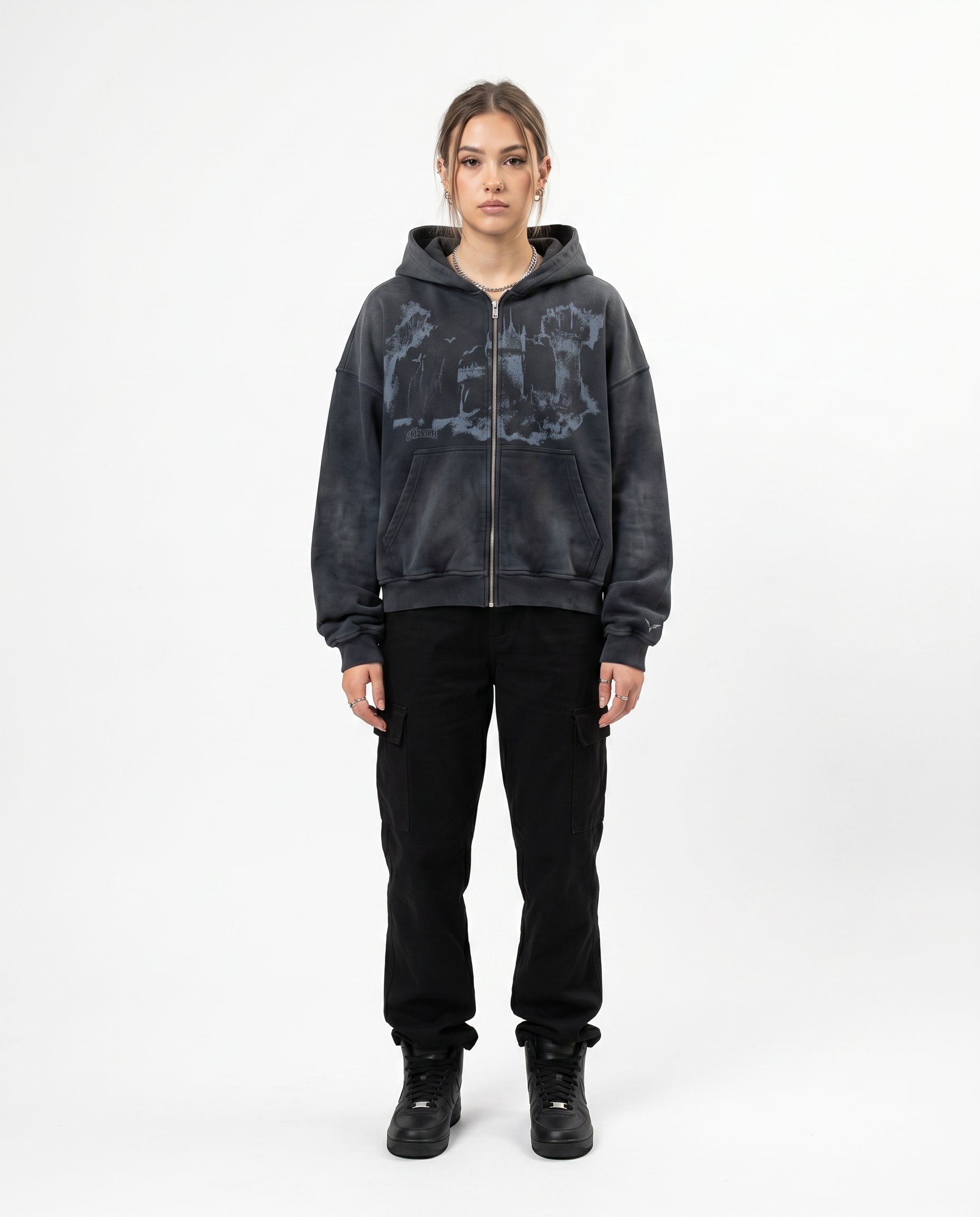 All-Over Print Emo Hoodie print 1 — female model