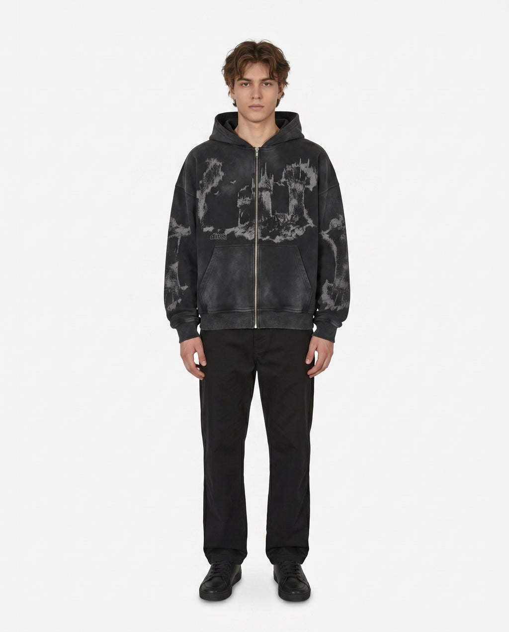 Man wearing all-over print emo hoodie, oversized streetwear (print 2)
