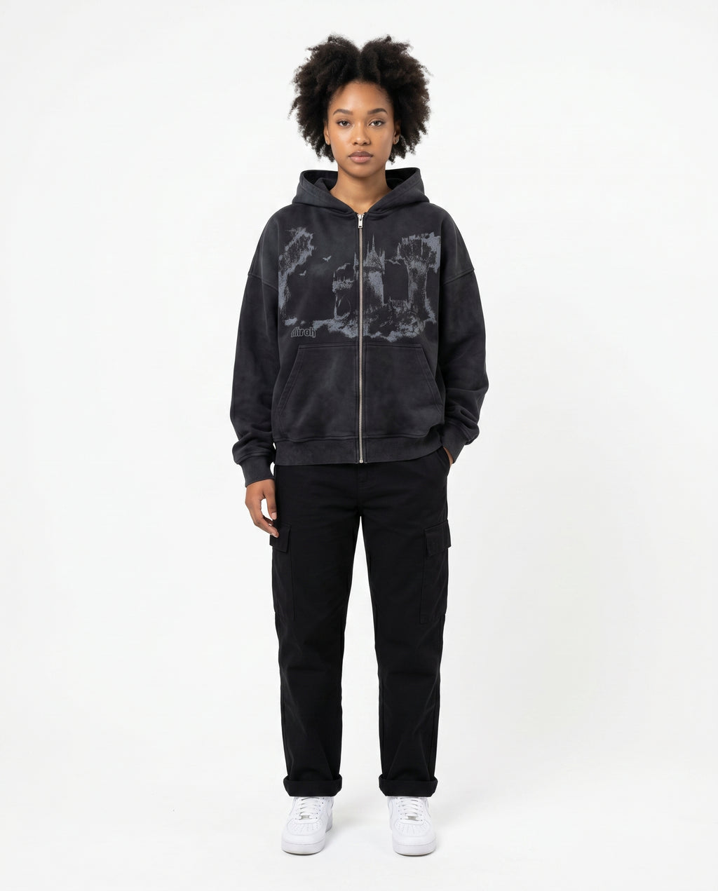 Woman in the all-over print emo hoodie (print 2)