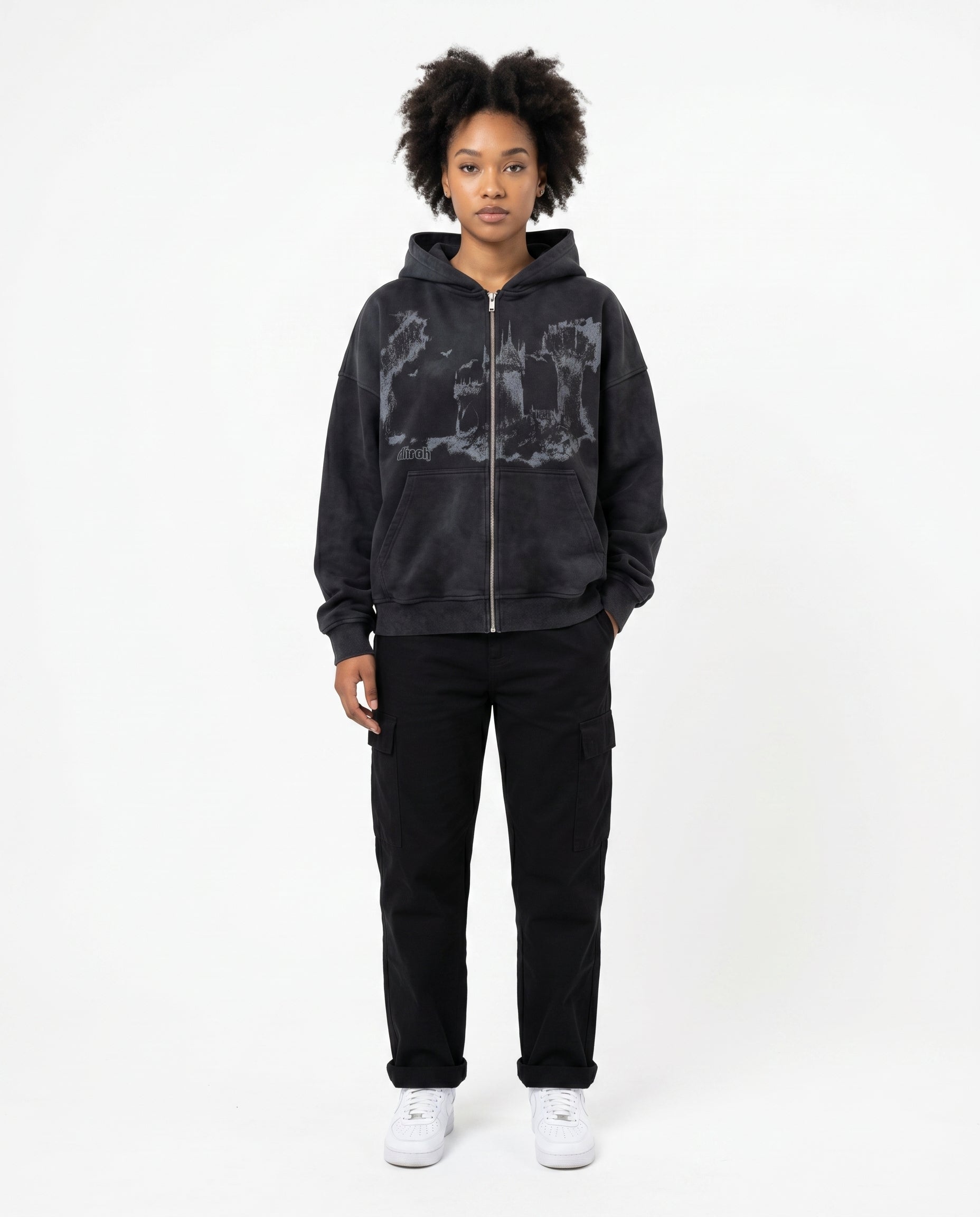 All-Over Print Emo Hoodie print 2 — female model