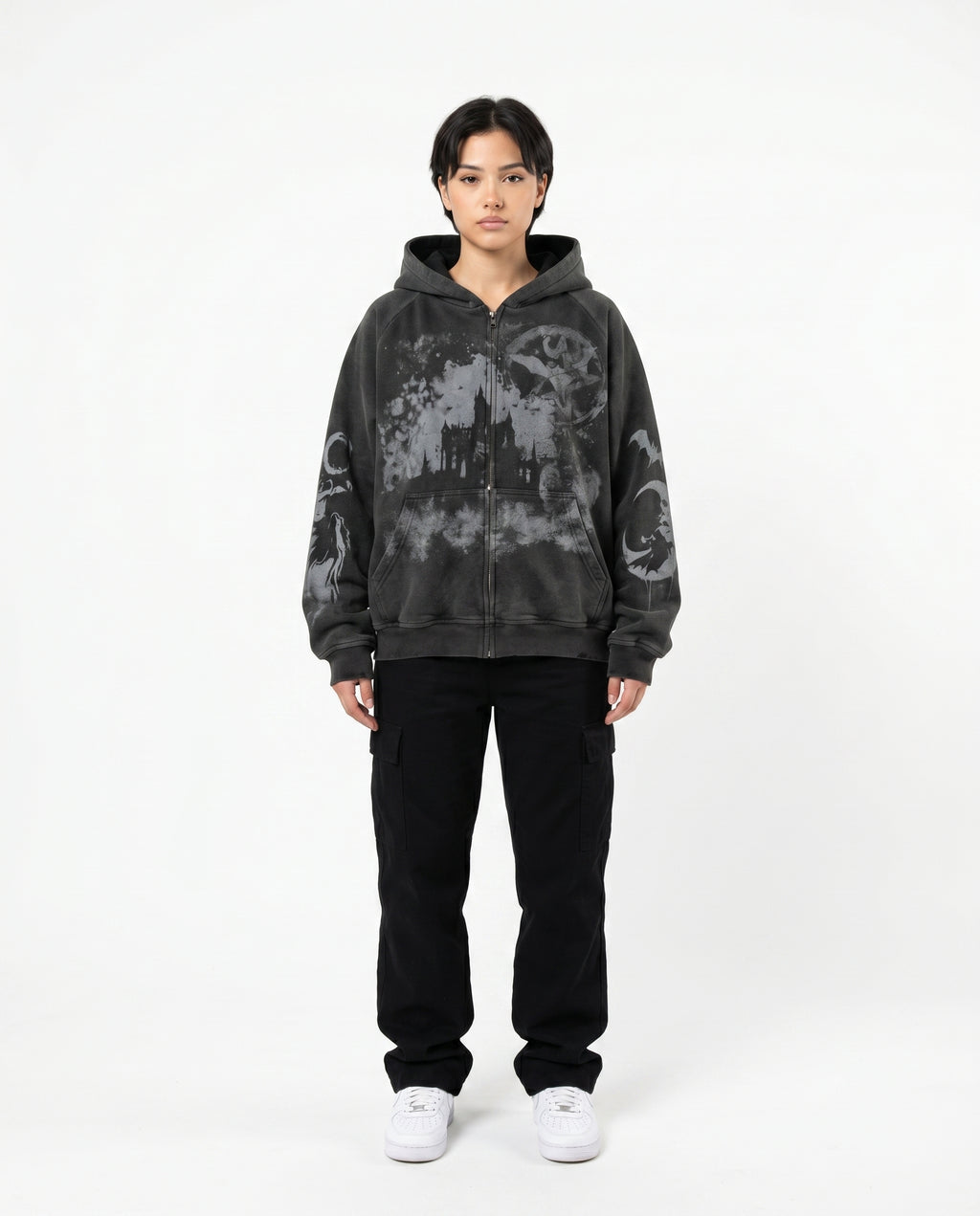 Female model wearing the all-over print emo hoodie (print 3)