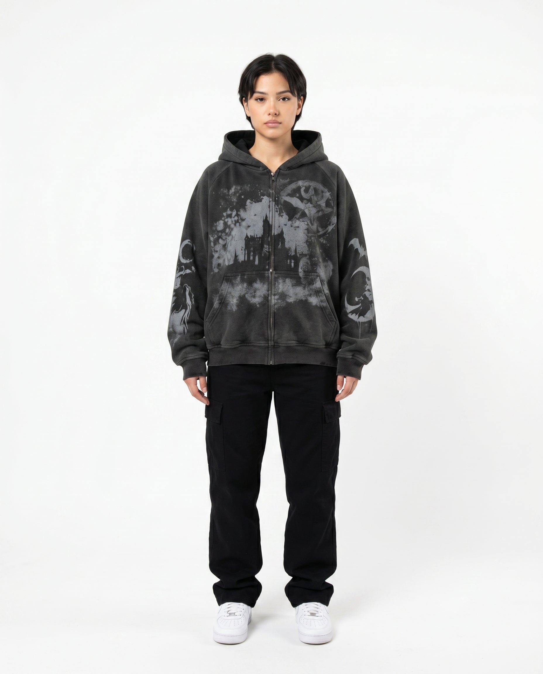 Female model wearing the all-over print emo hoodie (print 3)