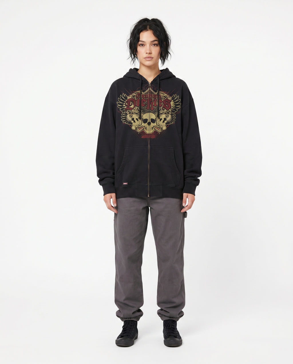 Woman wearing all-over print emo hoodie (print 4)