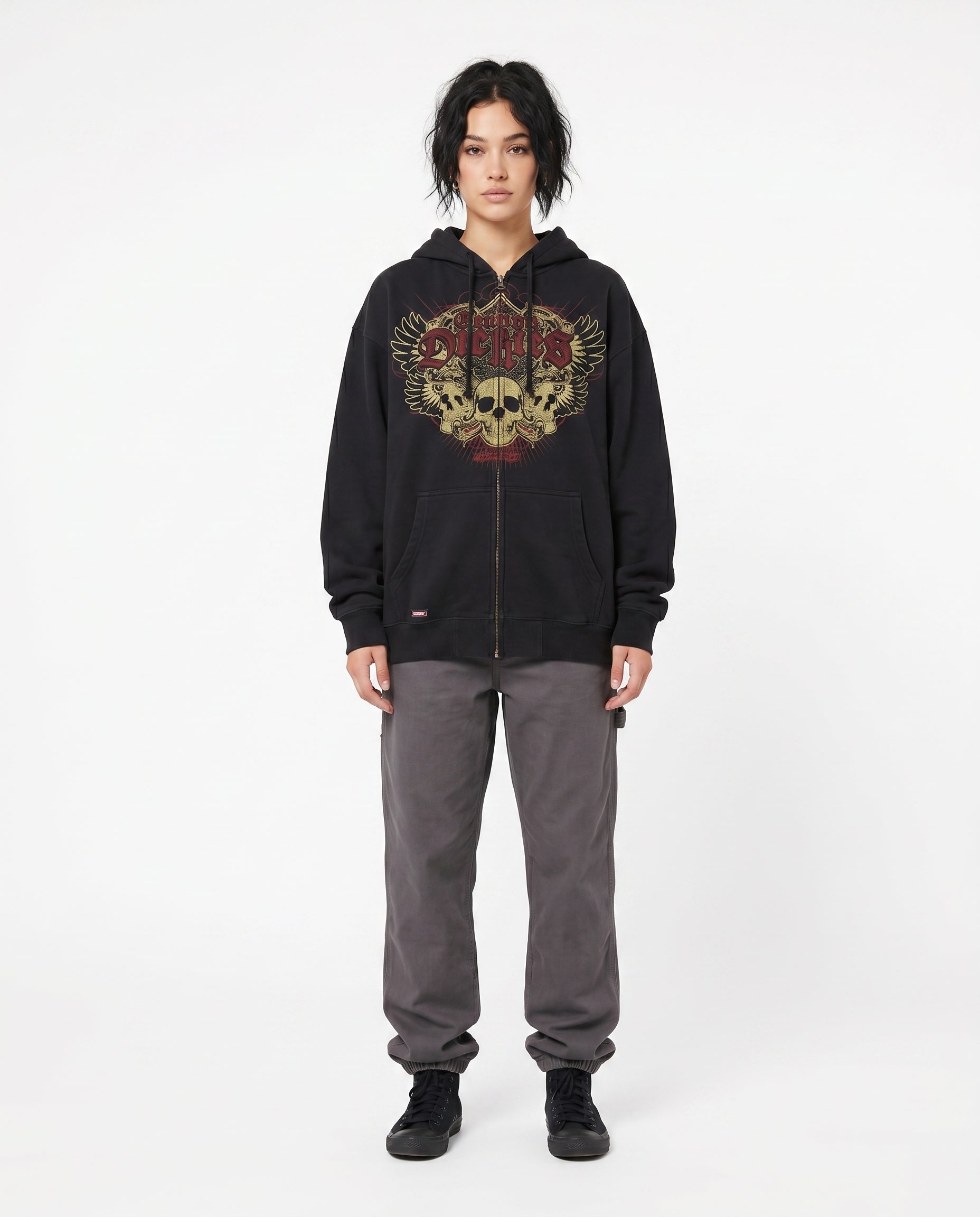 Woman wearing all-over print emo hoodie (print 4)