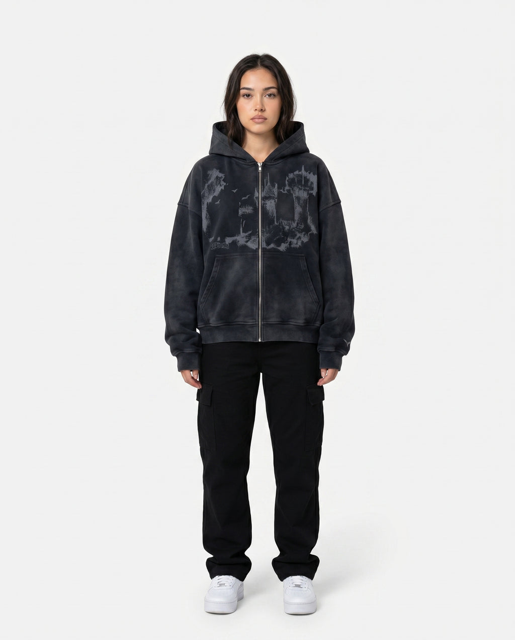 Female model wearing the all-over print emo hoodie, streetwear (print 5)