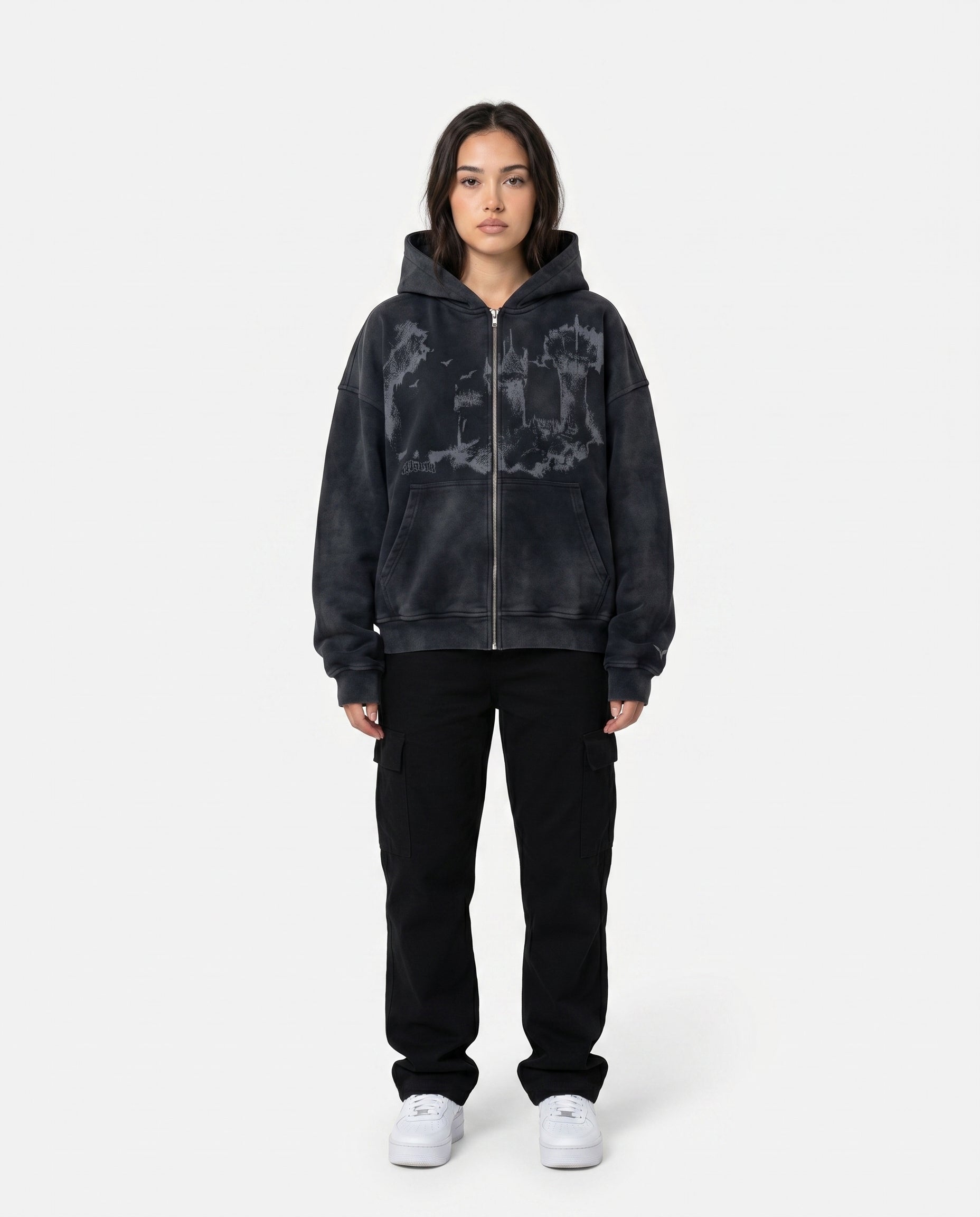Female model wearing the all-over print emo hoodie, streetwear (print 5)