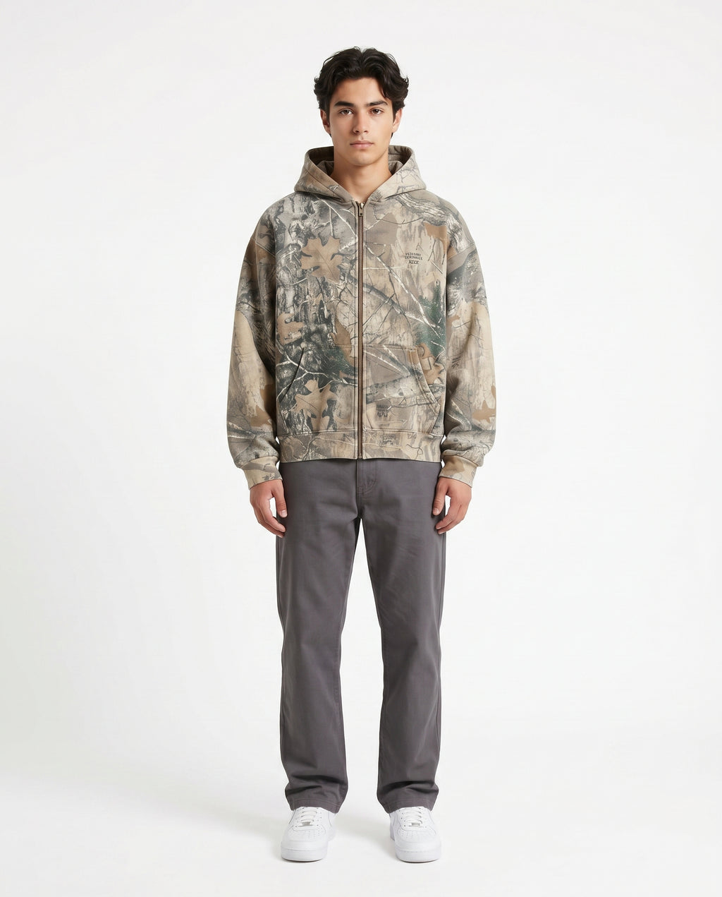Male model in the camo oversized zip-up hoodie, streetwear