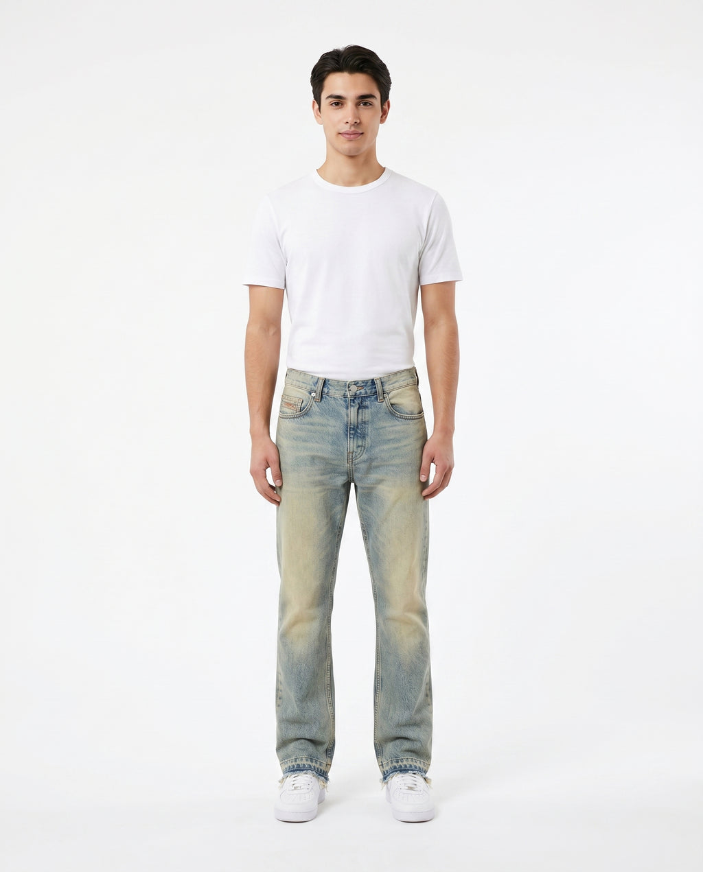 Male model in washed straight-leg jeans, blue — front view