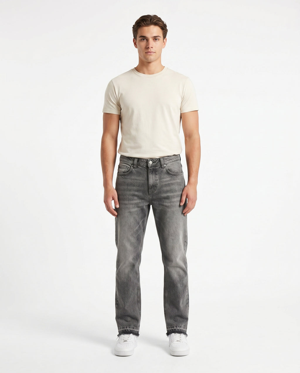 Male model in washed straight-leg jeans, grey