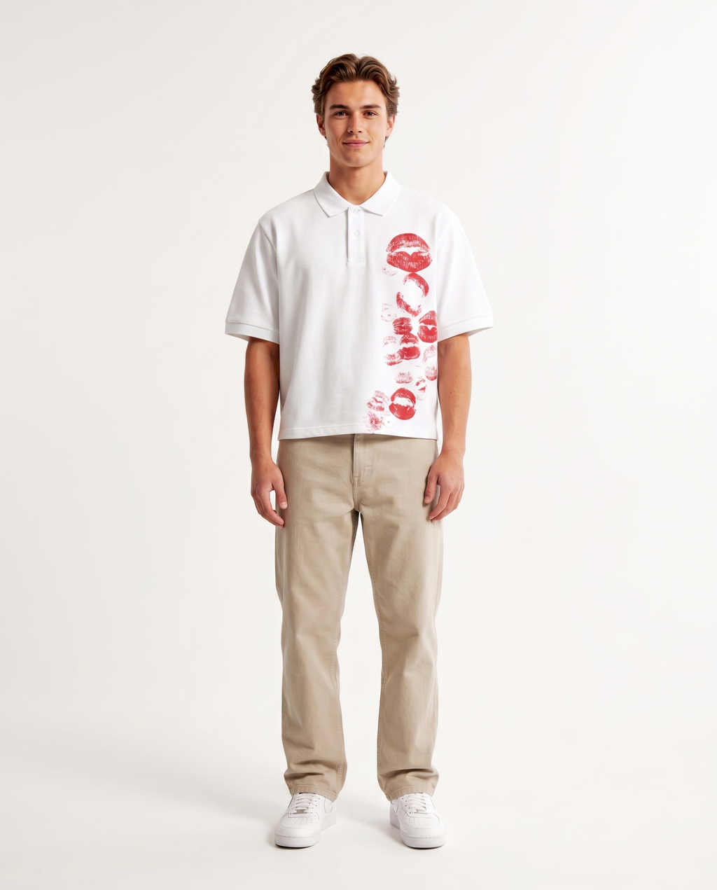 Male model in the white makeup kiss print polo shirt, streetwear
