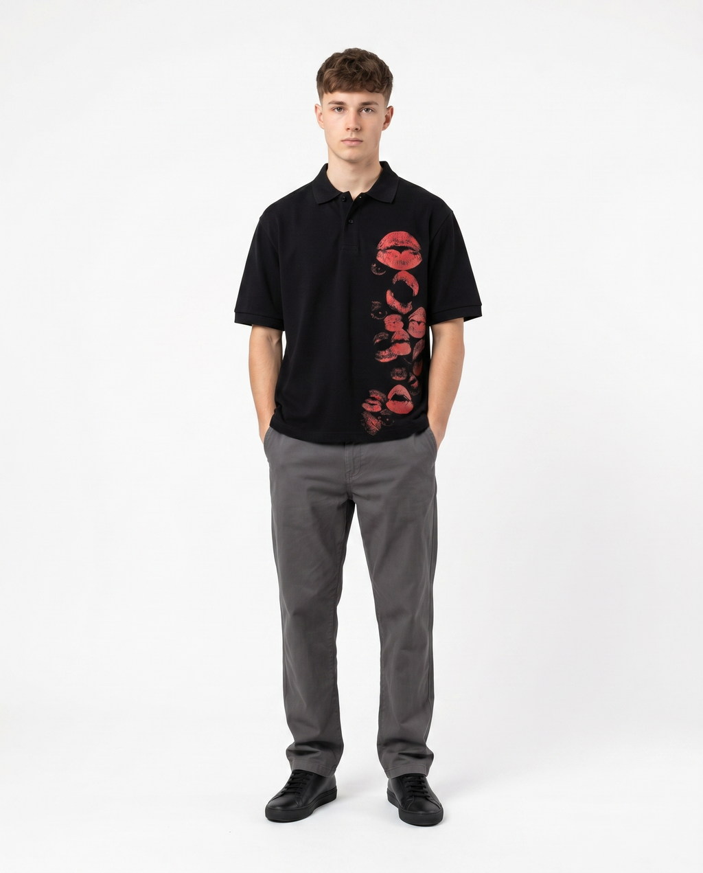 Male model wearing the black makeup kiss print polo shirt