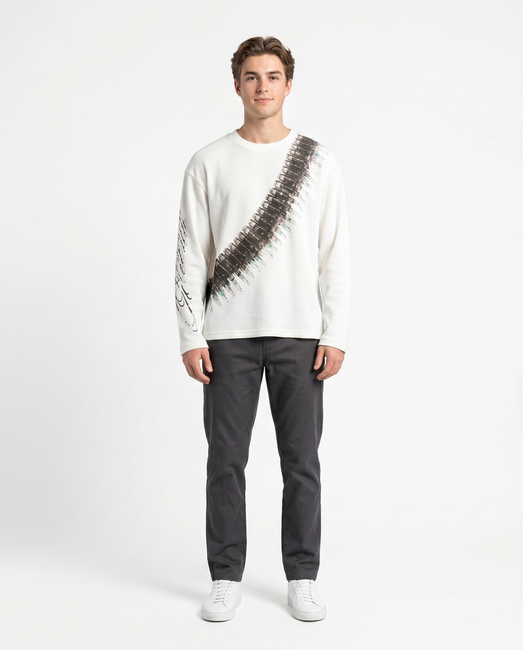 Male model in the white bullet letter long-sleeve tee, streetwear