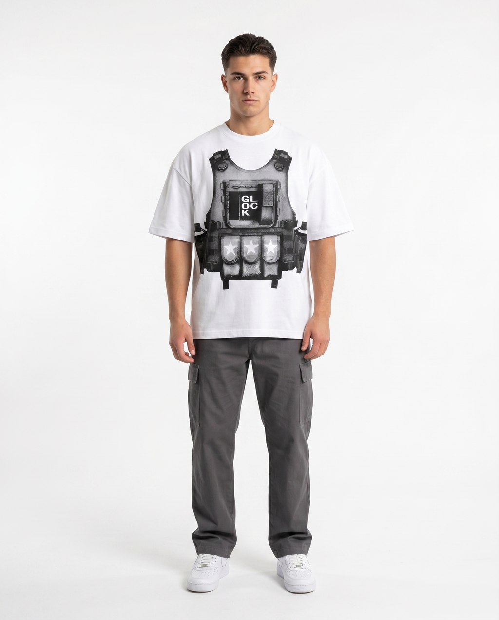 Male model in the vest graphic oversized tee, streetwear (colorway 1)