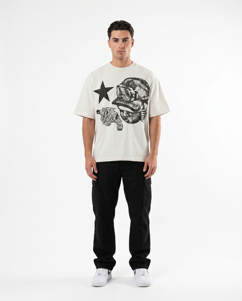 Male model wearing the vest graphic oversized tee (colorway 2)