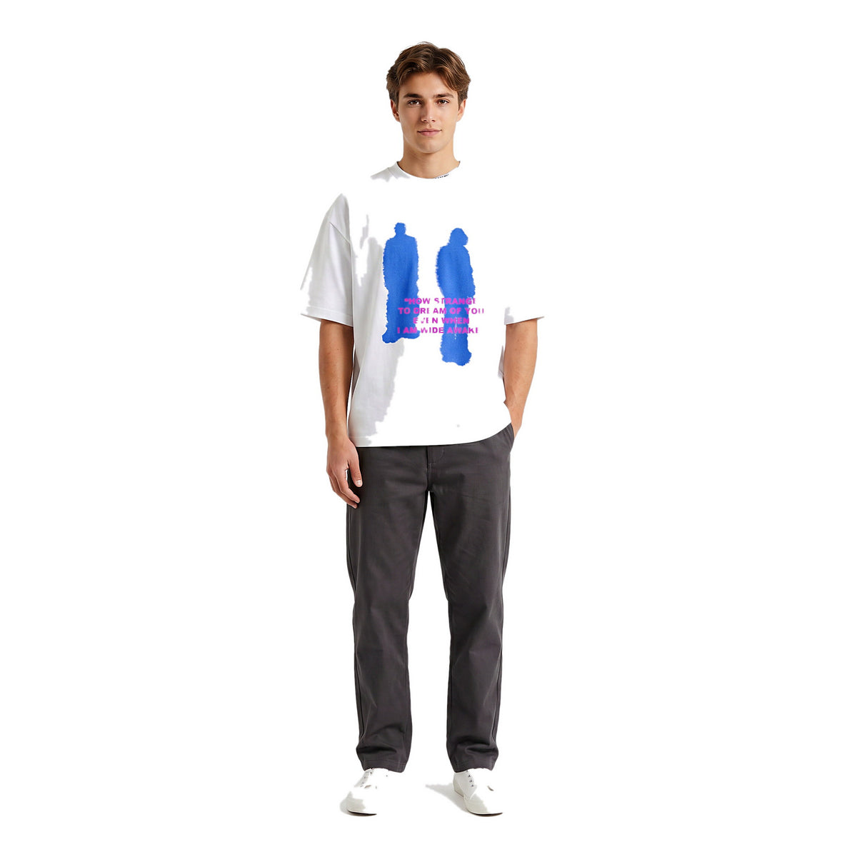 Model wearing the How Strange To Dream Of You oversized graphic tee