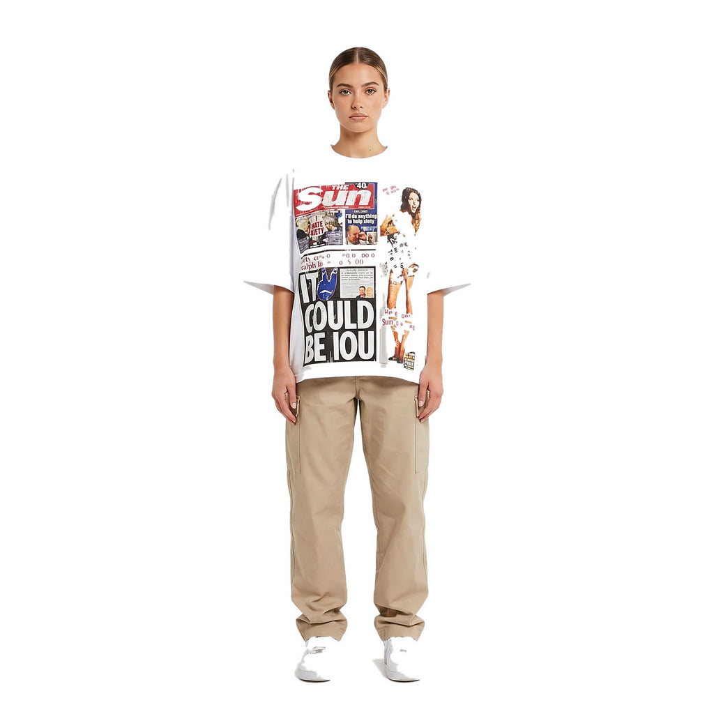 Female model in the white newsprint graphic oversized tee, Y2K streetwear