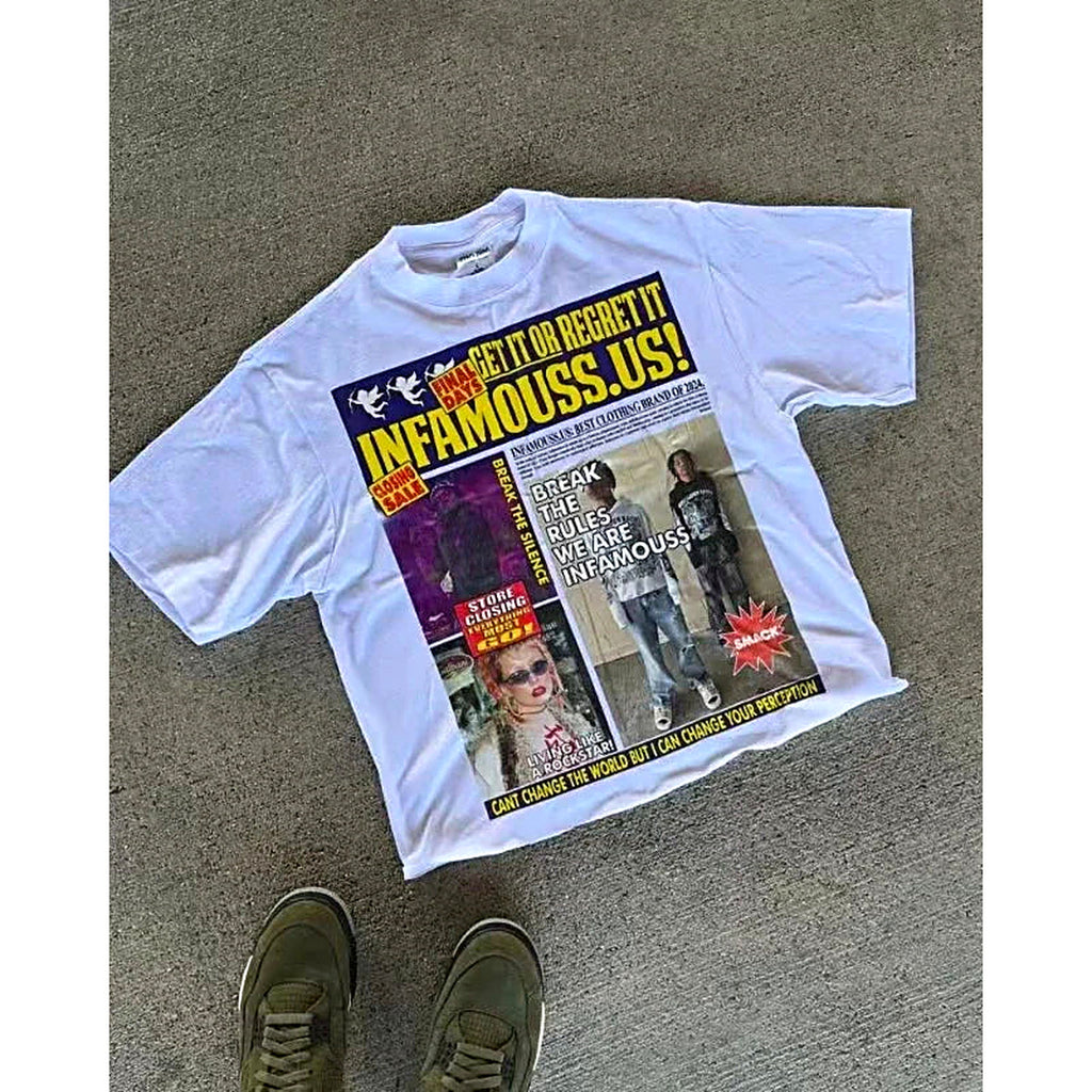 White newsprint graphic oversized tee — product photo