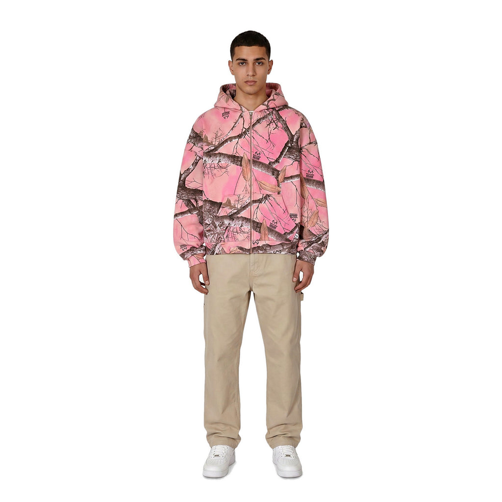 Male model in the pink camo zip-up hoodie, streetwear