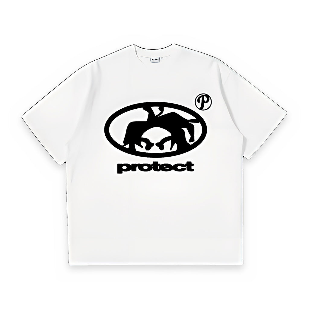 Protect oversized graphic tee, streetwear — front view