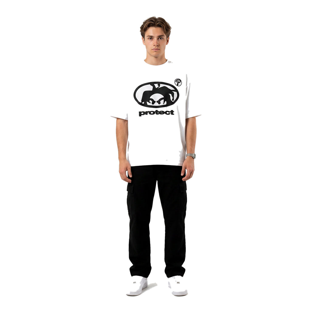 Model wearing the Protect oversized graphic tee, streetwear
