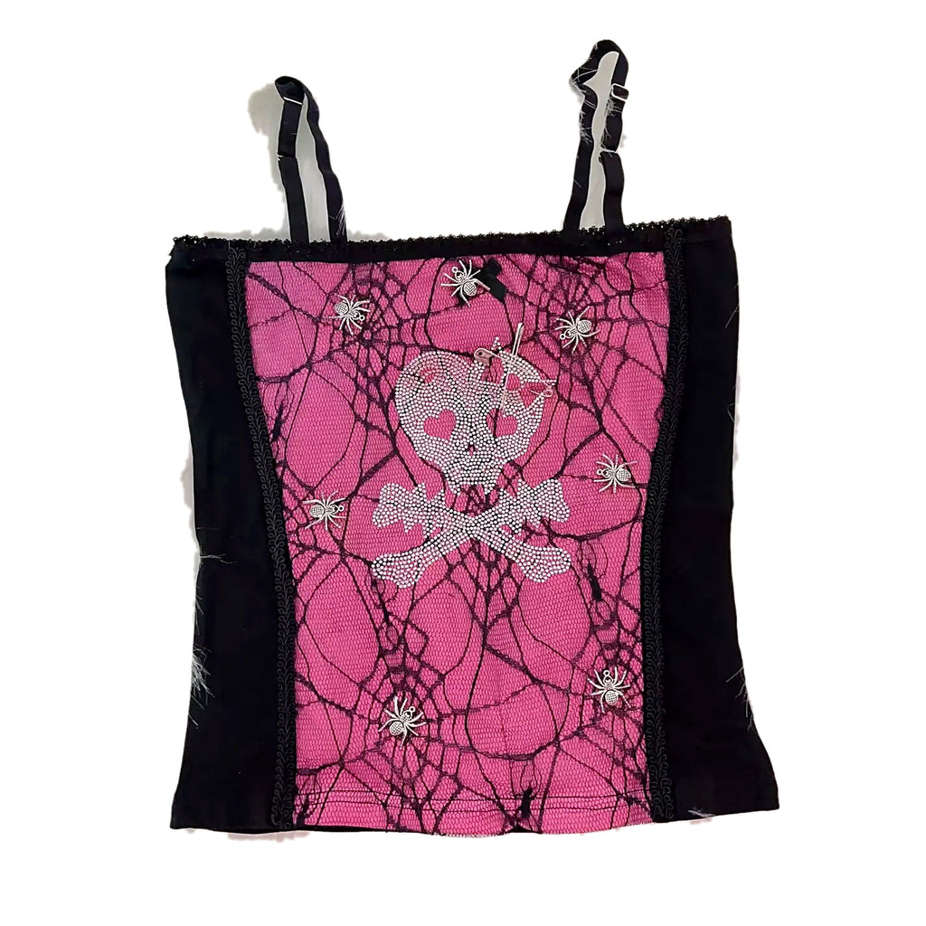 Shiny skull crop top, black and pink — product view