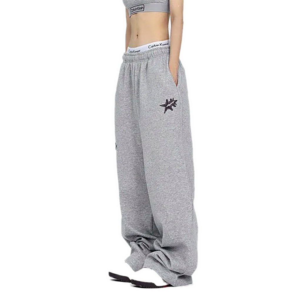 Grey star embroidered baggy sweatpants — back view