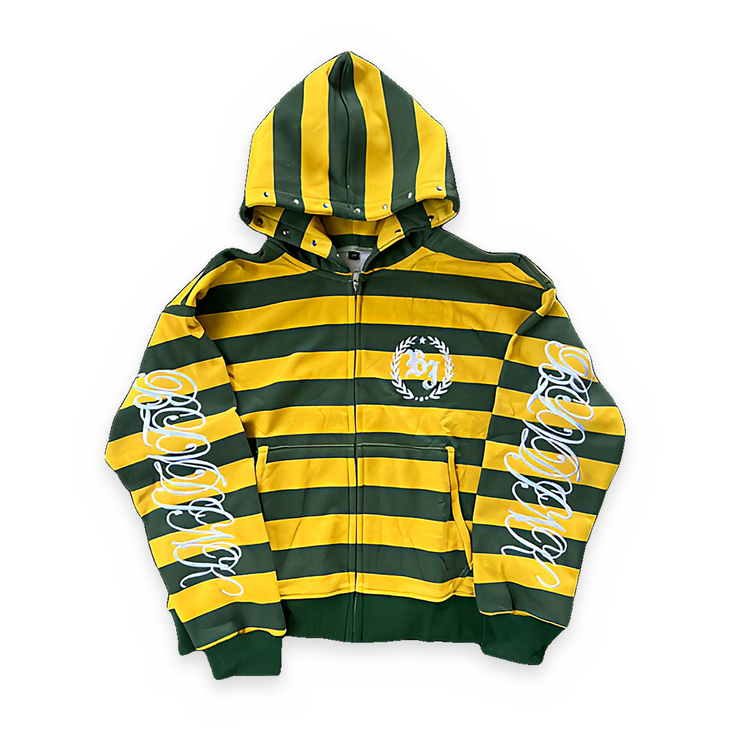 Stripe rivet embroidered zip-up hoodie, streetwear — front view