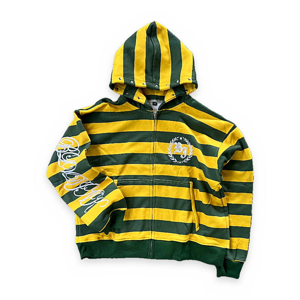 Stripe rivet embroidered zip-up hoodie — embroidery detail