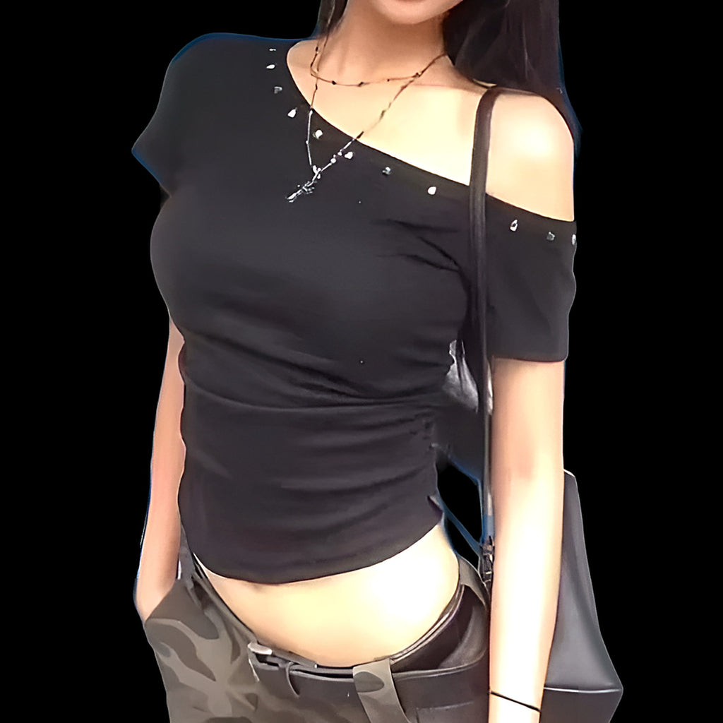 Black studded off-shoulder crop top, streetwear — front view