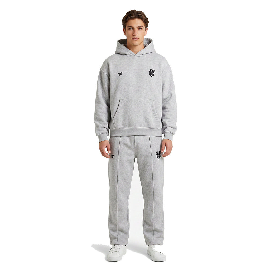 Grey and black two-piece sweatsuit set on model, streetwear