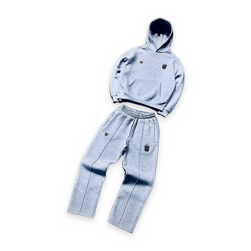 Grey and black matching sweatsuit set — front view
