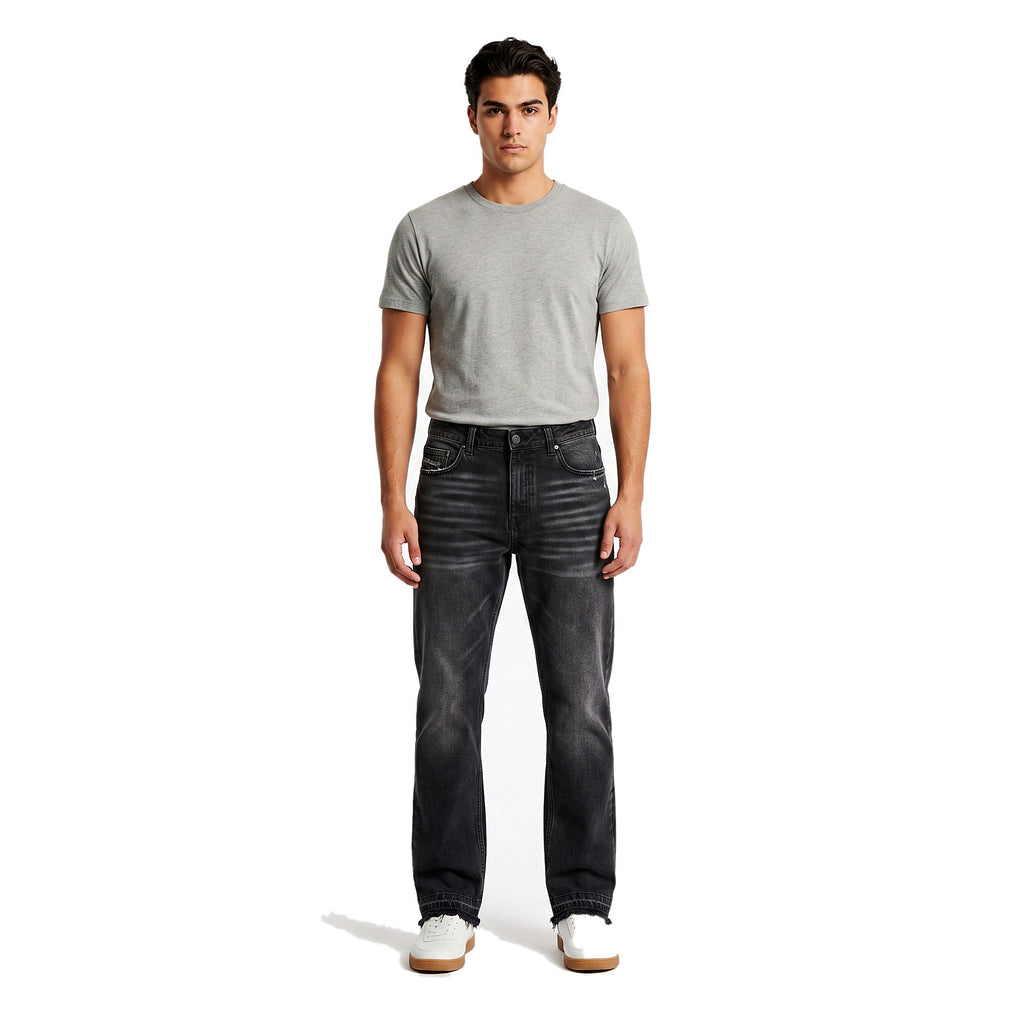 Male model wearing washed straight-leg jeans in black
