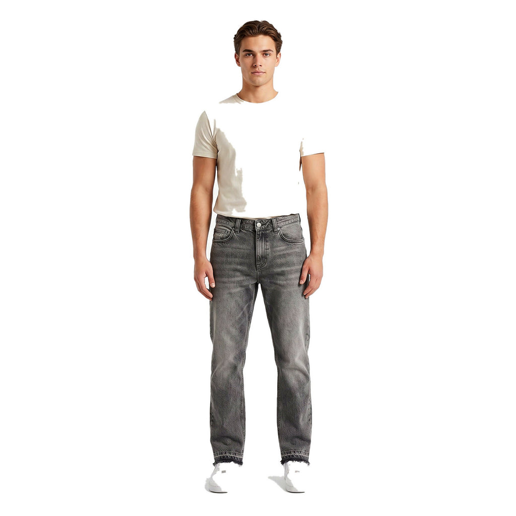 Male model in washed straight-leg jeans, grey