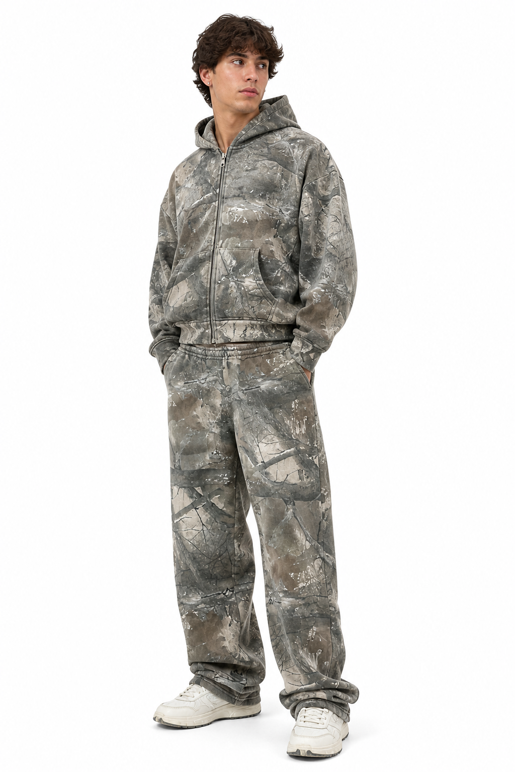 Camo two-piece sweatsuit set — matching hoodie and wide-leg sweatpants, unisex Y2K Harajuku streetwear