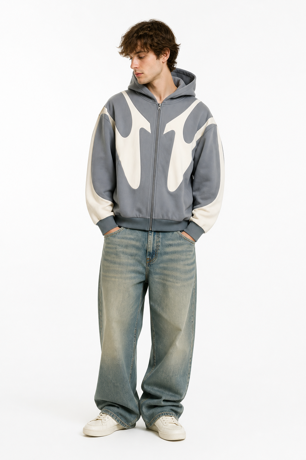 Devil pattern zip-up hoodie in blue, black and grey with retro lettering, unisex Y2K streetwear