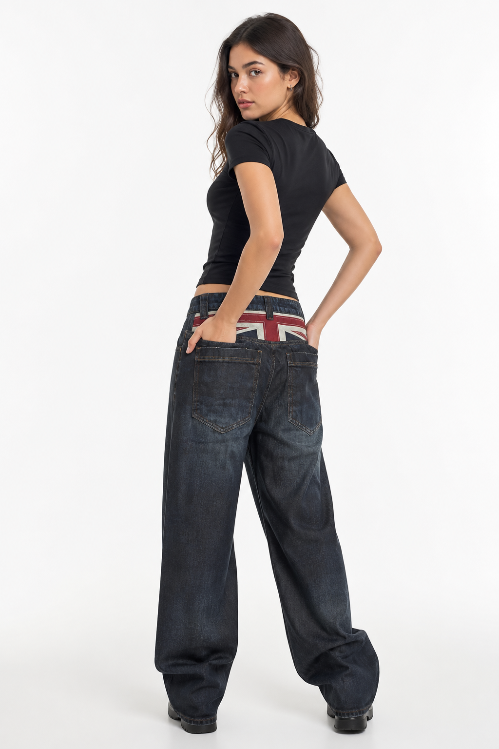 High-waist washed baggy jeans in classic blue with flag detail, unisex wide straight-leg Y2K denim