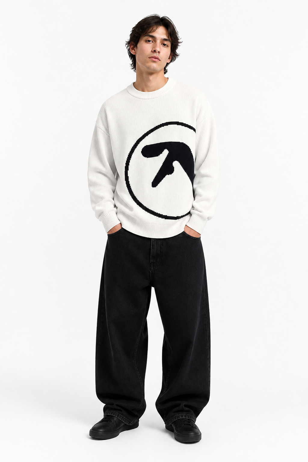 Oversized knit graphic sweater in black and white, heavyweight Y2K streetwear pullover