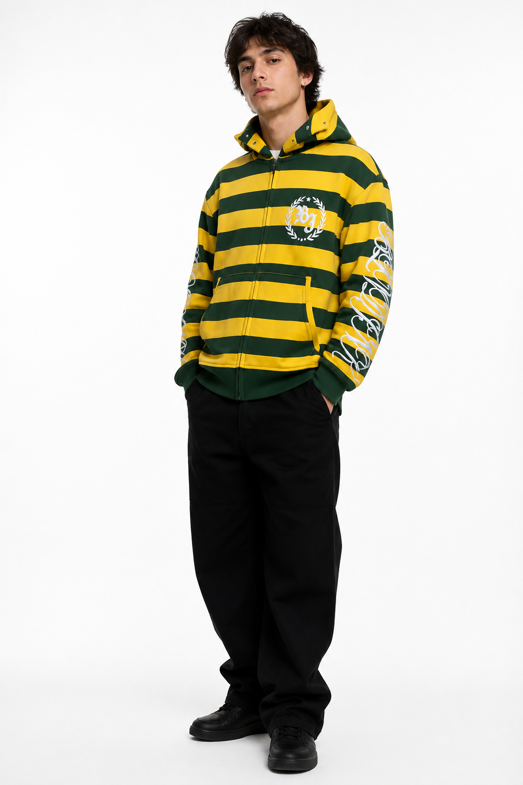 Stripe rivet embroidered zip-up hoodie in green and yellow, boxy oversized Y2K streetwear