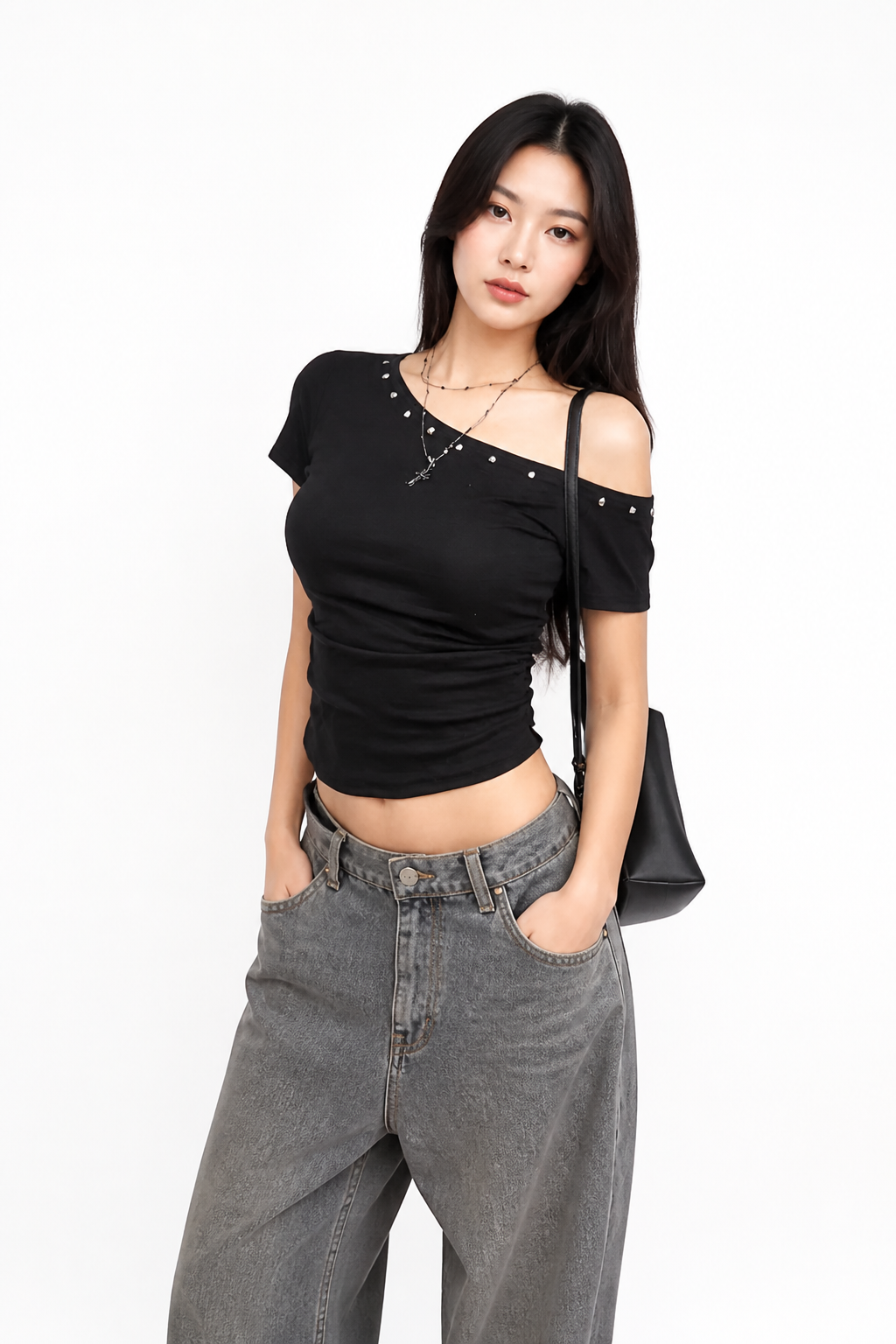 Studded off-shoulder crop top in black with fine stud detailing, fitted Y2K streetwear